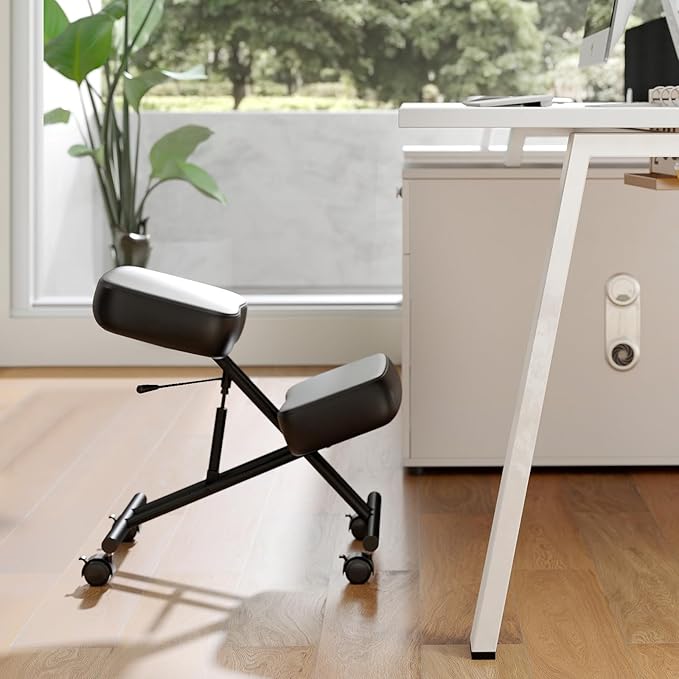 Goplus Kneeling Chair, Upholstered Mobile Desk Chair w/Adjustable Height, Thickened Sponge Cushion, 4 Lockable Universal Wheels, Office Home Padded Stool with Angled Seat, Black (1)