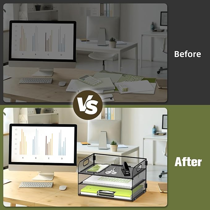 DALTACK 3 Tier Paper Organizer with Handle, Mesh Metal Desk Organizer with Sliding Paper Trays for Letter/A4 Paper, Mail, Bills & Folders, Black 2 Pack
