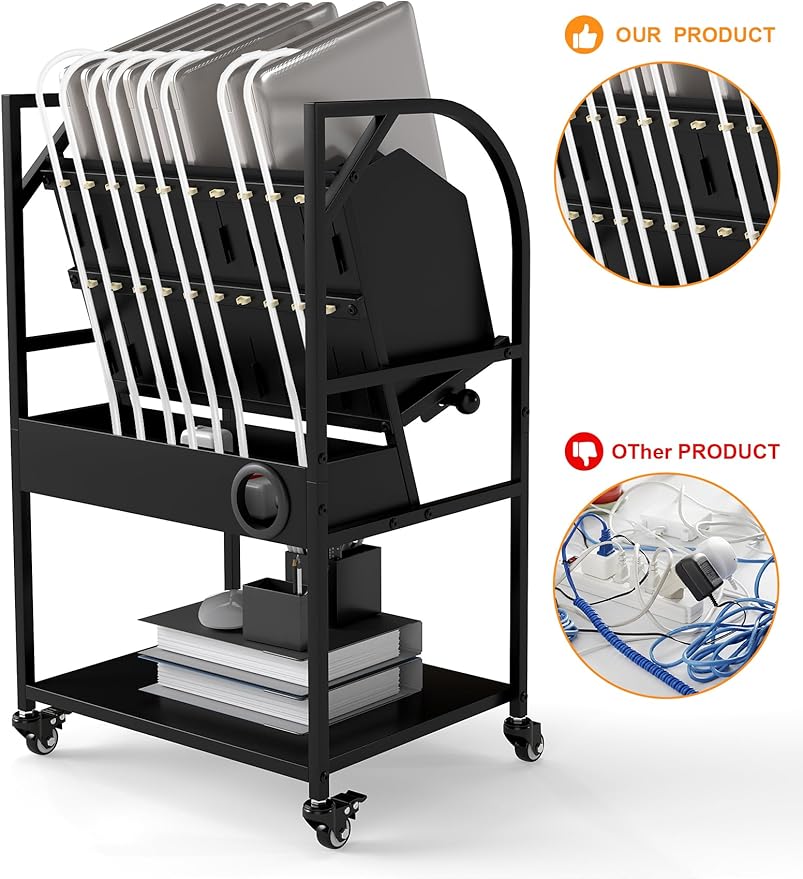 Laptop Charging Station, 10 Device Mobile Charging Cart with Lockable Wheels for Laptop, Chromebooks, Tablets and Computers, Charging Organizer Rack for Office, Classroom, Library