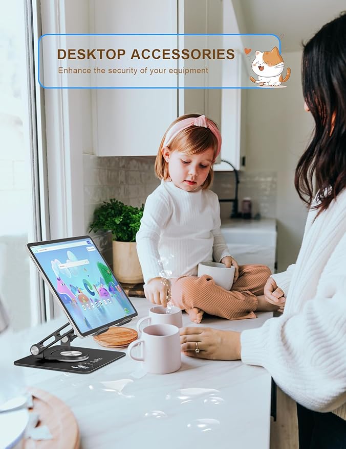 Aoviho Tablet Stand 360° Rotating Aluminum Holder, Adjustable, Portable and Foldable Monitors Stand for iPads, Compatible with 4-12.9" Tablets, Ink Black