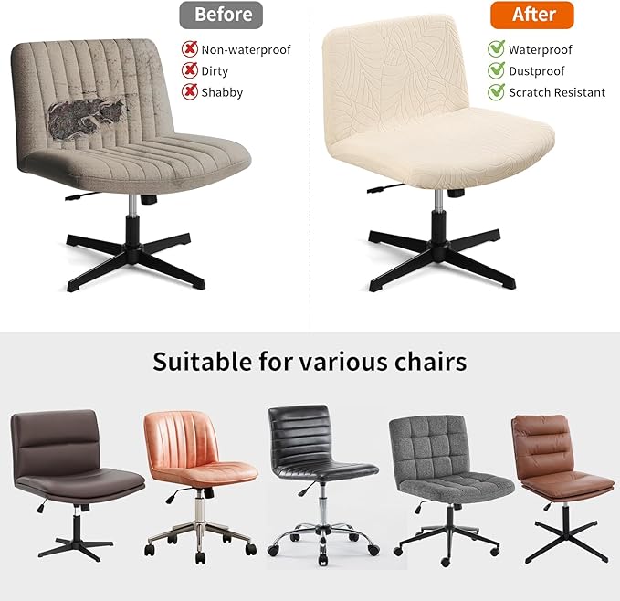 Fuloon Criss Cross Chair Cover, Waterproof, Stretchable, Solid Jacquard, Suited for Armless/Office/Desk/Mid Back Wide Seat/Computer/Task/Vanity/Accent Chair (Leaves -Shaped Jacquard, Beige)