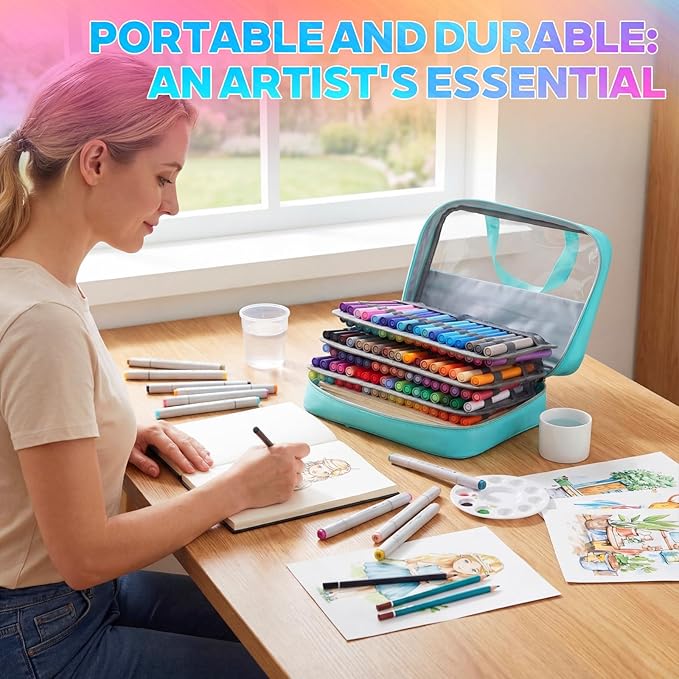 Hillban 108 Slots Large Colored Pencil Case with Chenille Letter Patch Extra Large Capacity Interlayer Pencil Holder Organizer with Handle Zipper Portable Storage Bag Graduation Gift for Artist(Green)
