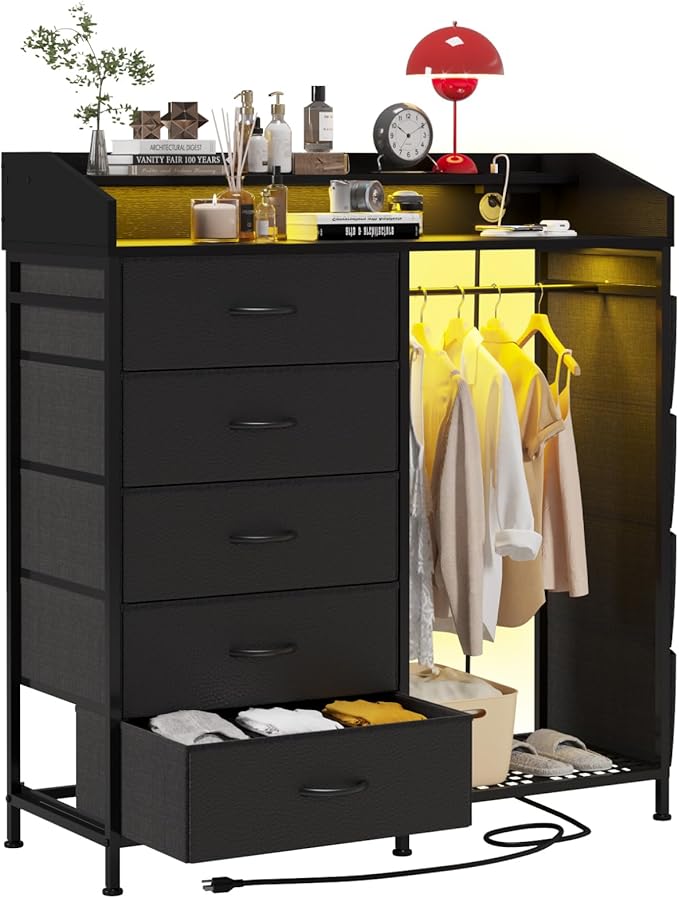 LUMTOK 2-in-1 Dresser with Hanging Racks,5 Fabric Drawers Dressers with LED Lights, Charging Station for Bedroom Living Room, Entryway, Closets (Black)