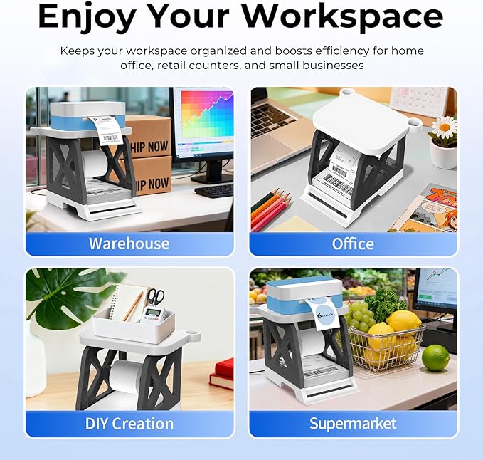 Guermok 3-in-1 Thermal Label Holder Stand for Printer – Desk Organizer for Roll & Fan-Fold Labels, Cable Management, Easy Assembly for Home, Office, Retail & Small Business(Black)