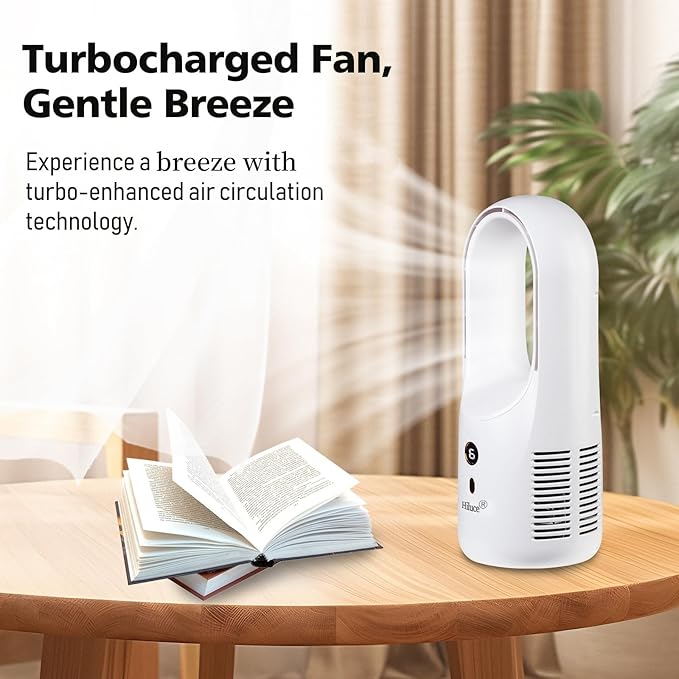 Hiluce Desk Fan Bladeless,6 Speeds 11.8 Inch Portable Office Fan, Battery USB Fans,Easy to Clean, Small Quiet Table Fan for Personal Bedroom Home Office Desktop, White
