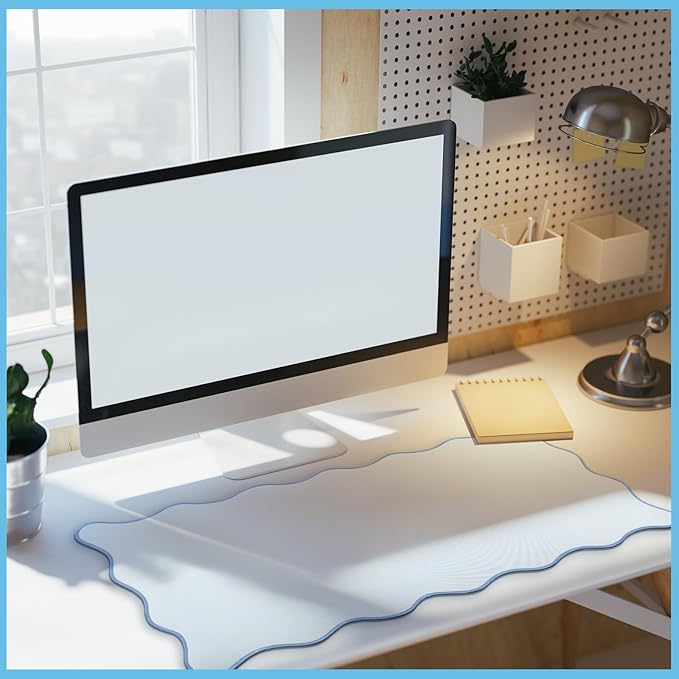 Hahafelt Scalloped Desk Mat Large Scalloped Piping Cute Desk Mat Aesthetic Preppy Table Pad Large Nonslip Pad with Edge Stitching Waterproof Gaming(Blue,31.5 x 15.8 Inches)