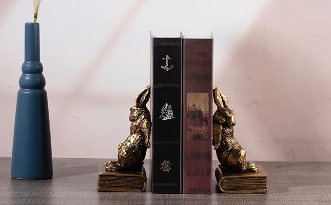 Book Ends for Shelves to Hold Books Hevay Duty,Decorative Bookends for Bookshelf Décor,Cute Animal Rabbit Book Stopper Easter Bunny Statues for Home, Office Desk, Living Room Decoration,1 Pair (Gold)