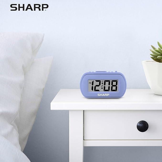 Sharp Digital Alarm Clock – Tactile Case with Soft Rubberized Finish - Battery Operated – Blue Backlight on Demand – Ascending Alarm – Easy to Use – Lavender