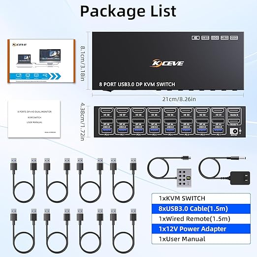 8 Port HDMI Displayport KVM Switch 2 Monitors 8 Computers 4K@60Hz EDID Simulation,8 PC Dual Monitor KVM Switch with 4 USB 3.0 Ports,Audio,RS232,with Wired Remote,12V Power Adapter and 8 USB Cable