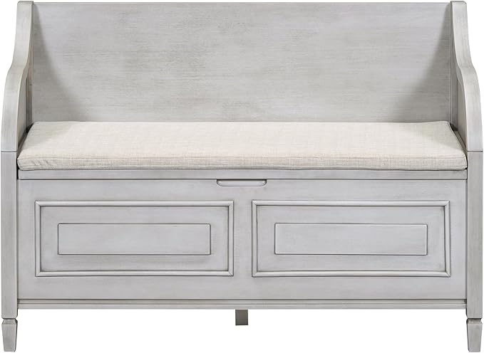 SOFTSEA 41.9" Storage Bench with Back, Entryway Shoe Bench with Cushion & Lift Top Storage, Rustic Shoe Storage Cabinet with Cushioned Seat for Entryway, Bedroom, Living Room (Grey Wash)