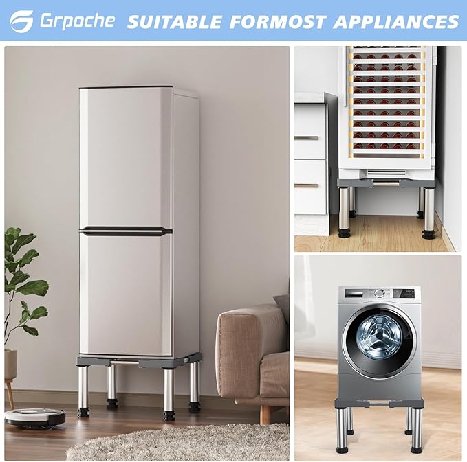 Mini Fridge Stand with 4 Strong Feet Washing Machine Stand Base 9.8"-11" Height Adjustable Universal Stand Base for Portable Refrigerator Dryer Stand Laundry Pedestal for 17.7"-25.6" Appliance, Gray