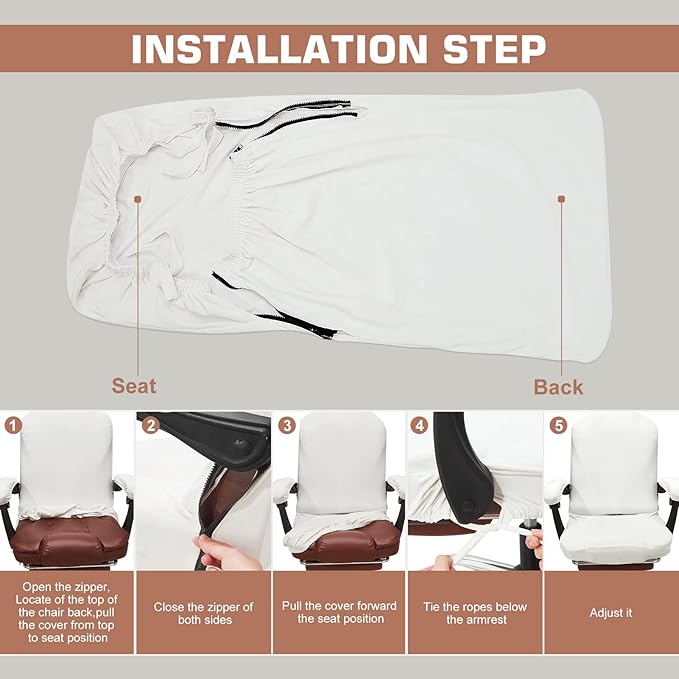 NeColorLife Velvet Office Chair Cover with Armrest Covers - Stretchable High Back Desk Computer Chair Slipcover for Large Rotating Boss Chairs (Large,Ivory White)