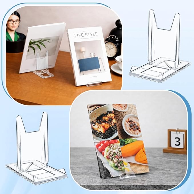 Hushee 5 Pack Acrylic Book Stand for Display Adjustable Clear Book Display Holder Easel Rack Stand for Home Office Back to School Library Bookshelf Comic Album CD Magazine Postcard Artworks