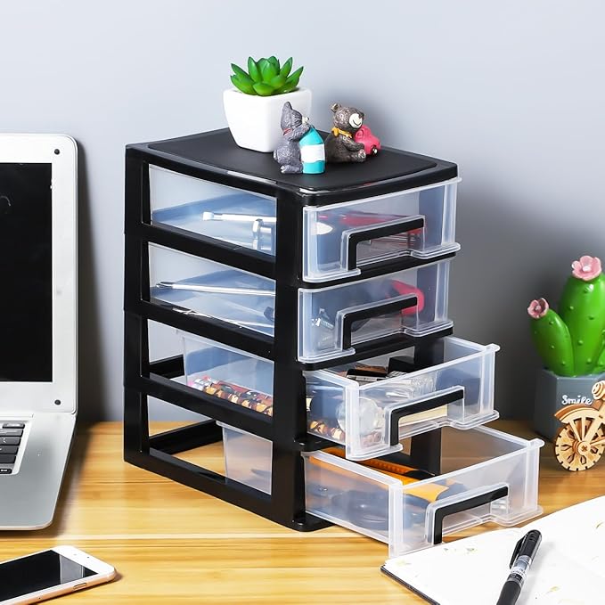 DOITOOL 4 Drawer Storage Organizer, Plastic Storage Bins Desk Organizer with Drawers for Makeup Vanity Nail Polish Bathroom Stationery Art Craft Supplies, Kitchen Office Organization