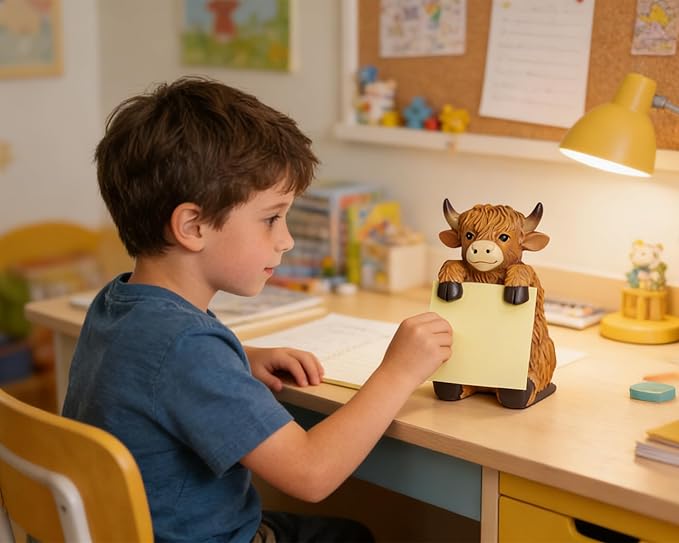 Highland Cow Pop-up Sticky Note Dispenser, Includes 1 Pad of 3x3 in Super Sticky Notes, 100 Sheets, Resin Cute Handmade Desk Holder for Office & Home-Brown
