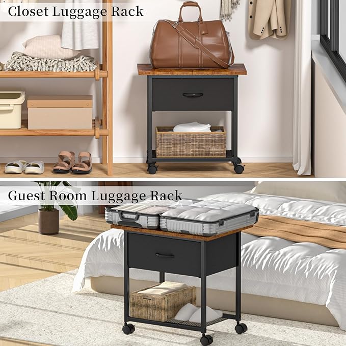 DAOUTIME 2-Tier Printer Stand with Storage Drawer, Under Desk Printer Table with Shelves, Rolling Printer Cart on Wheels for Small Spaces/Home Office, Fits 3D Printer Scanner, Rustic Brown and Black