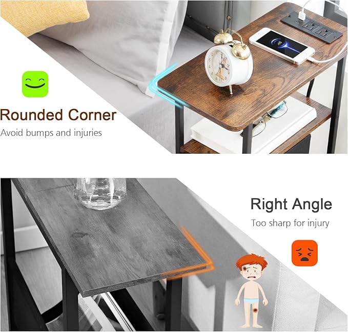 LOAKEKEL Narrow End Table Living Room with Charging Station, Skinny Side Table with Fabric Drawers, Slim LED Nightstand for Bedroom, Small Spaces, Couch, Brown, HETNDP03LBR-1