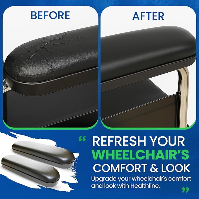 Healthline Padded Armrest For Wheelchairs Vinyl Pair, Universal Arm Pads Replacement 10" DESK ARM, Black