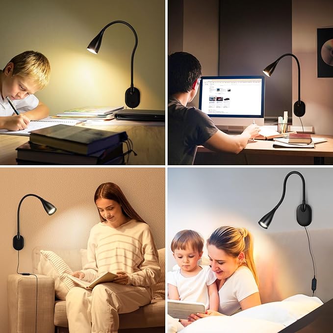 2 Pack LED Wall Mounted Bedside Reading Light, 3 Color Modes,10 Brightness Dimmable, USB Charging Port, Memory Timer Adhesive Wall Light Night Lamp for Books in Bed, Eye-Caring Bedroom Lighting Black