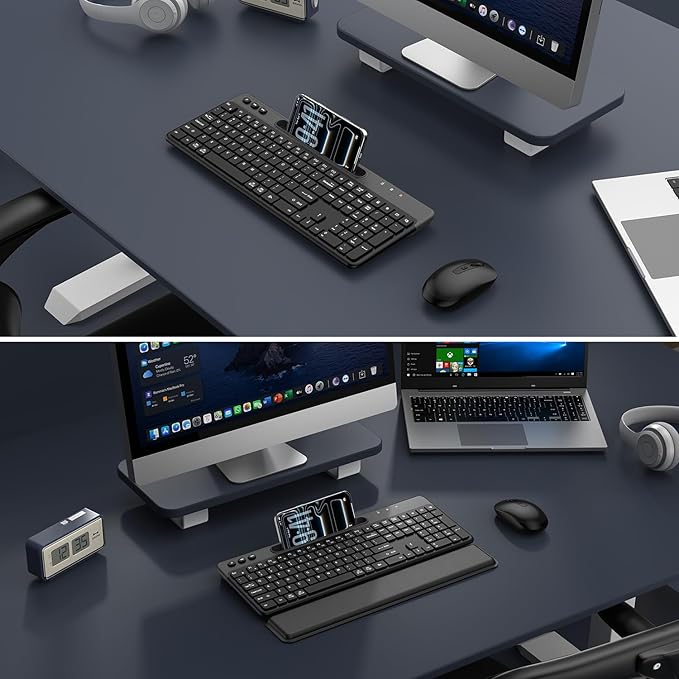 Ergonomic Wireless Keyboard and Mouse Combo, Full Size Silent Ergonomic Keyboard with Cloud Soft Palm Rest, Phone Holder, 3 DPI Adjustable Mouse, 2.4G Lag-Free Quiet for Mac, Windows, PC, Laptop