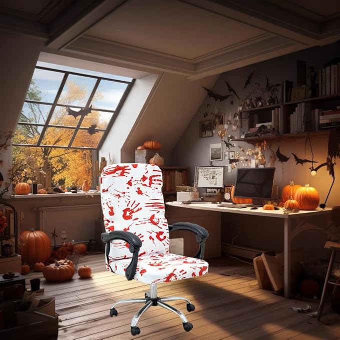 Halloween Office Chair CoversHorror Bloody Handprints Footprints on White Horror Theme Print Stretchable Slipcover for Modern Simplism Style High Back Boss Chair(No Chair) (Halloween03, L)…