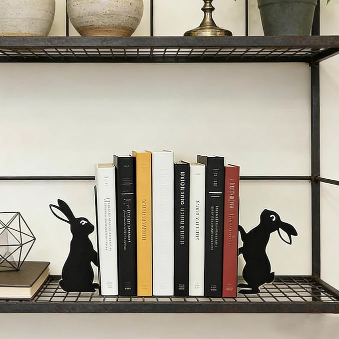 Bunny Metal Bookends for Shelves, Cute Black Rabbit Decorative Book Ends, Heavy Duty Rustproof Book Stoppers for Home Office & Study Desk, Ideal Gift for Rabbit Lovers & Book Lovers
