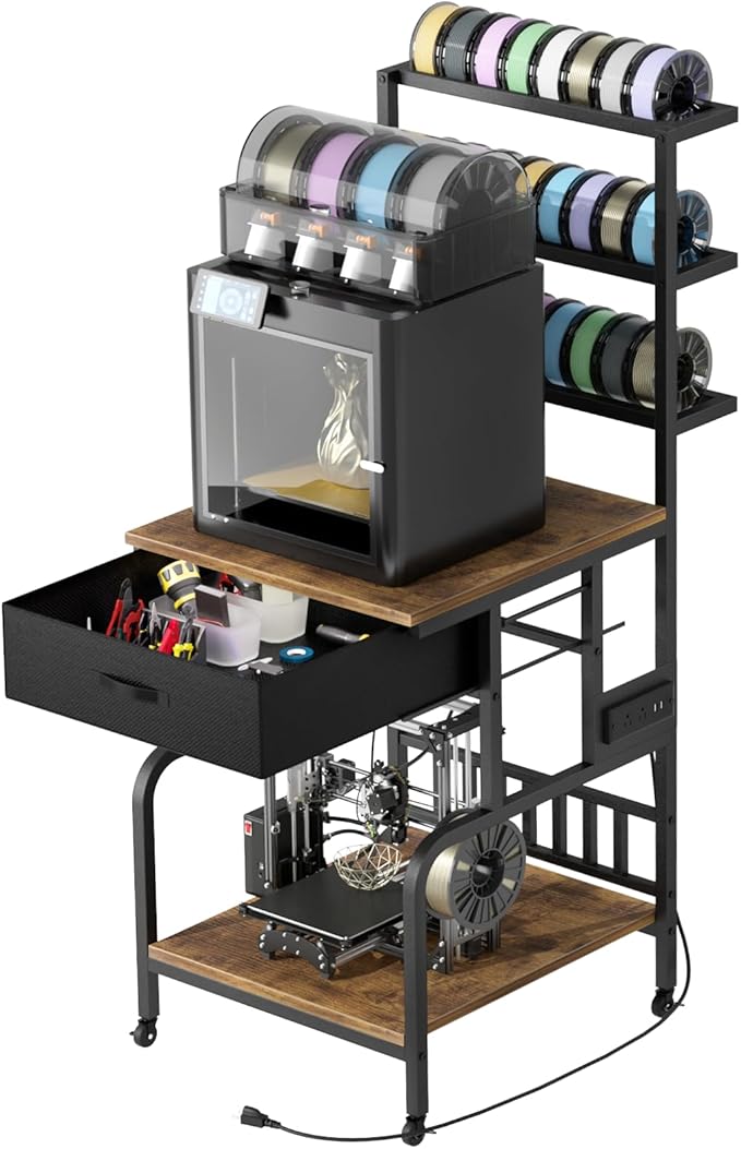 3D Printer Stand with Filament Storage,3D Printer Rack with Storage Drawer,Heavy-Duty 3D Printers Table with Power Outlet,for ABS/PLA/TPU Spools, Home Office Studio Rustic Brown