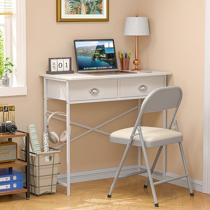DAOUTIME Small Writing Desk for Kids Bedroom, 31.5 Inch Small Computer Desk for Small Spaces, Simple Desk with 2 Fabric Drawers for Home Office, Dorm, Living Room, Home Study Table, White