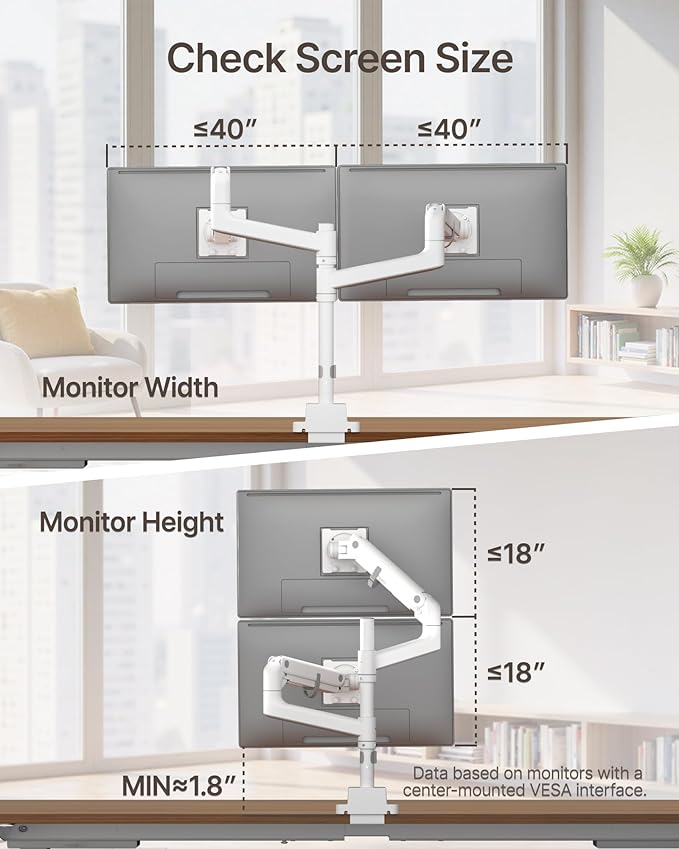 monTEK Dual Monitor Arm for up to 57" and 59.4 lbs Ultrawide Screen, Aluminum Heavy-Duty Gas Spring Vertical Stackable Curved Screen Adjustable Monitor Stand, 75/100mm Vesa Mount, White