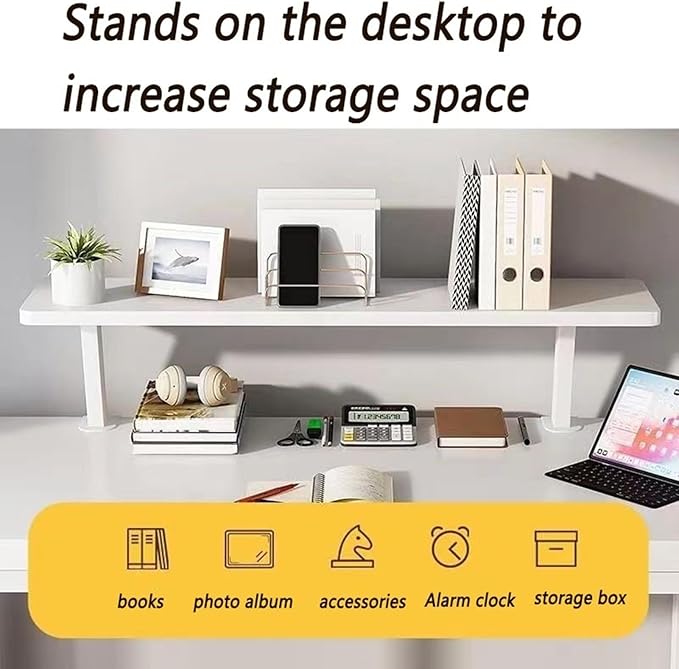 Clamp On Desk Organizer Shelf 1 Tier 31.5x7.8 in Above Desk Storage Extension Portable, No Drill Required Desktop Shelf Clamp for Home Office Dorm Workstation and Study Space