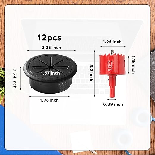12pcs Desk Grommet Kit 2in(50mm) Black Desk Hole Cover Cable Grommet Desk Cord Hole Cover with 1pcs Hole Saw Drill Attachment for Office Home Table Cable Use Wires Cables Through The Countertop