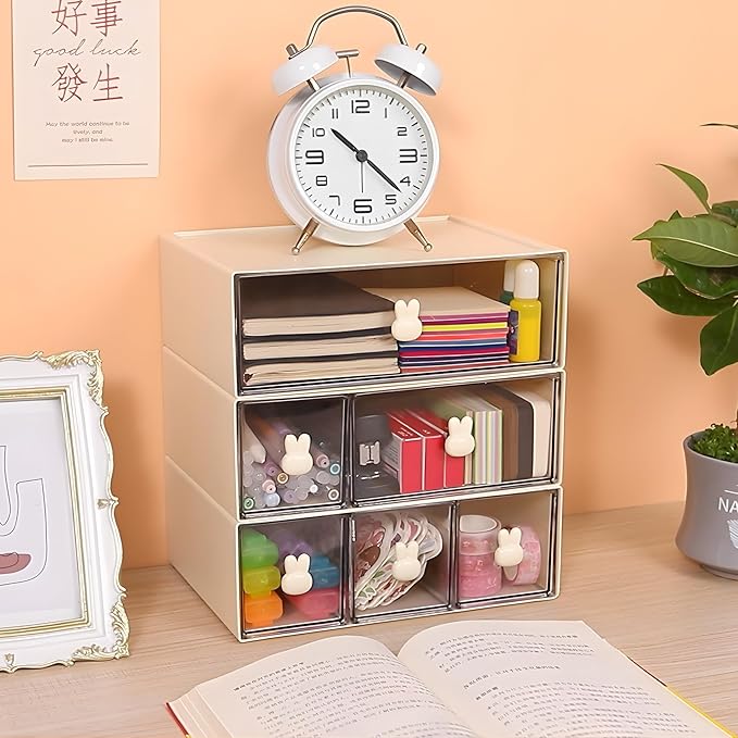 Desktop Storage Drawers, Plastic Desk Organizer with 1 Large Drawer, Modular Stackable Toolbox Units for Office Stationary, Makeup Container, Bathroom Countertop (1 Tall Layer, Cream & Clear)