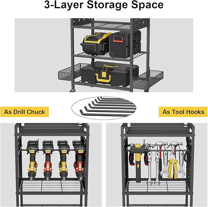 Power Tool Organizer Cart with Charging Station, Heavy Duty Garage Tool Organizer Rolling Tool Battery Storage with 8-Outlet Power Strip, 4 Wheels, 2 Hanging Baskets, 8 Hooks, Drill Bit Holder, Black