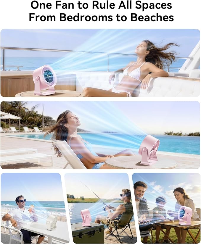 DIGIX Rechargeable USB Desk Fan for Bedroom, 100 Speeds, 360° Rotation, Wall Mounted Design Small Portable Table Fan with LED Display, Quiet Personal Desktop Cooling Fans for Home Office (Pink)