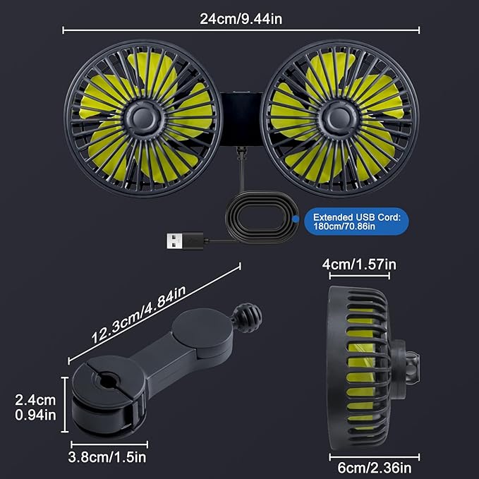 XOOL Car Fans for Backseat Kids- Dual Head USB Cooling Car Fan, 360° Rotatable Car Rear Headrest Fan, Car Seat Fan with Adjustable Clip for SUV RV Vehicles Truck