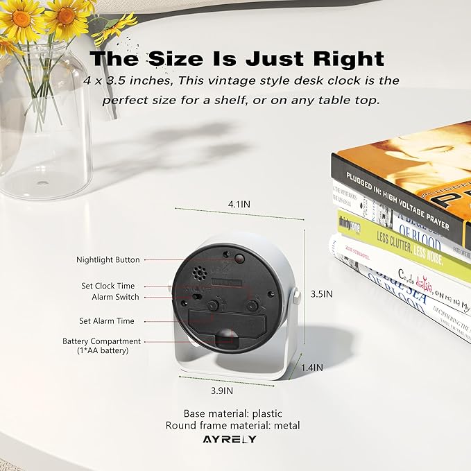 AYRELY® 3.5 Inch Small Analog Alarm Clocks,Battery Operated Desk Clock,Cute Table Clock with Light,Adjustable Angle for Travel,Bedside,Bedroom,Kids,Living Room Decor (White)