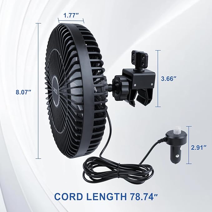 XOOL Clip Car Fan, 9 Inches 12V/24V Fan, 360° Rotatable Electric Cooling Clip on Fan with Stepless Speed Regulation for SUV, RV, Truck