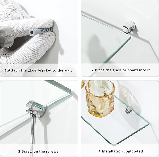 Mooche 4Pcs Glass Shelf Brackets, Heavy Duty Wall Mount Adjustable Zinc Alloy Clamp Holder for Wood Shelves, Polished Chrome (for 6-10mm Glass)