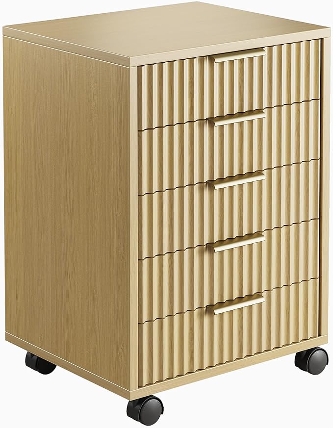 5 Drawer Chest, Under Desk Storage Wood Drawers with Wheels,Fluted File Cabinet for Home Office, Natural Walnut
