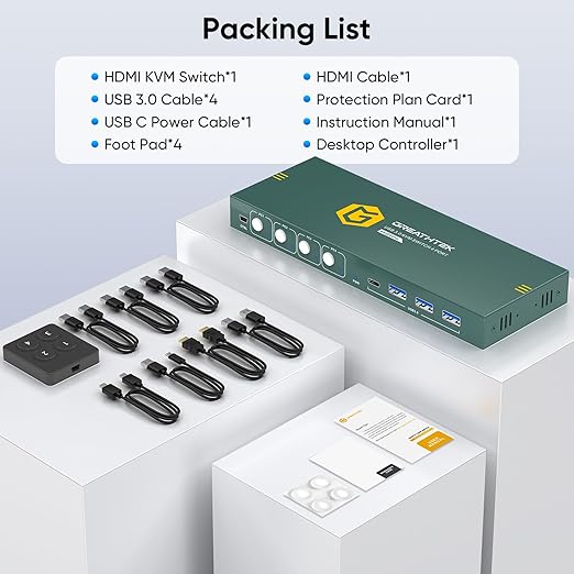 USB3.0 KVM Switch HDMI 4K@60Hz for 4 Computers Share 1 Monitor, KVM Switch 4 Port with 3 USB 3.0 Ports Share Keyboard Mouse, Support Button Switch, Plug and Play