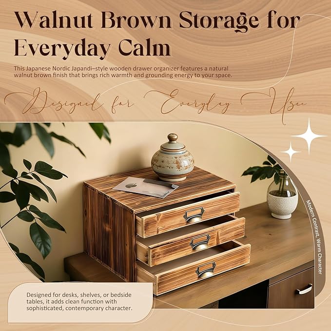 Stackable Modular Desktop Drawer Organizer, Solid Vintage Wood 3-Drawer Storage Unit with Label Pull Handles, Burnt Aged Wooden Japandi Style, Expandable by Adding More Units for Clutter-Free Spaces