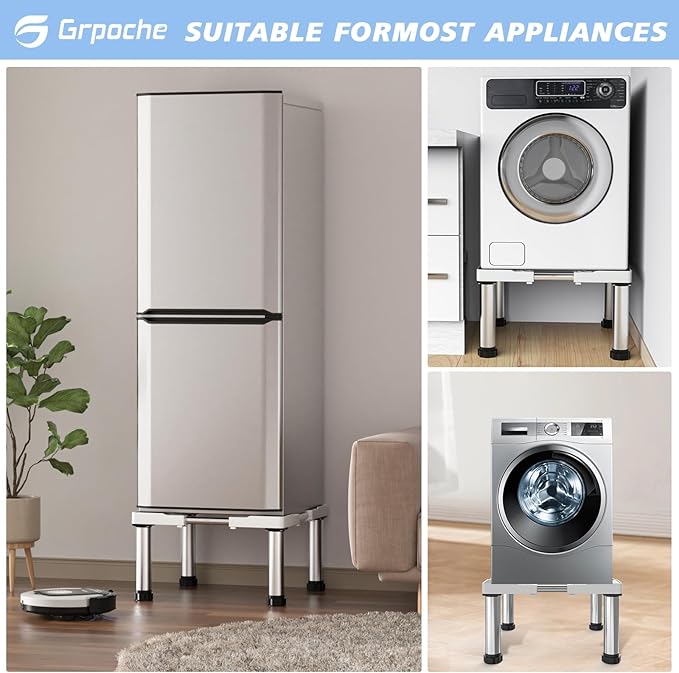 Mini Fridge Stand with 4 Strong Feet Washing Machine Stand Base 9.8"-11" Height Adjustable Universal Stand Base for Portable Refrigerator Dryer Stand Laundry Pedestal for 17.7"-25.6" Appliance, White