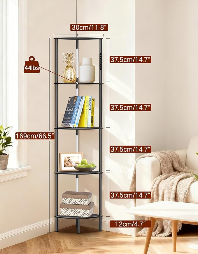 5-Tier Corner Bookshelf with LED Lights, Touch & Remote Control, 3 Color Temperatures, Dimmable Narrow Display Shelf with 1-Hour Timer for Living Room, Bedroom, Office(Black)