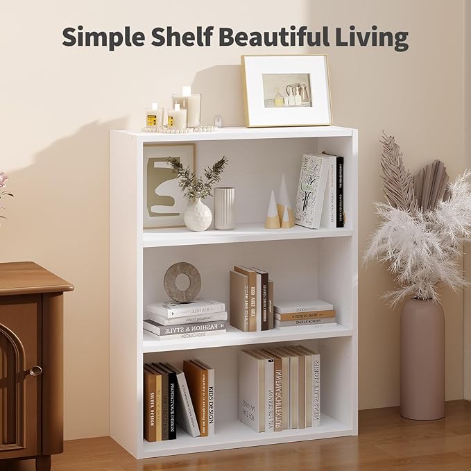 Sweetcrispy Industrial 3 Shelf Bookcase - Large 31.5 Inch Tall Floor Standing Open Bookshelf for Home Office, Living Room, and Bedroom Storage, White