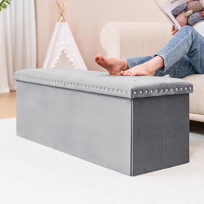 PINPLUS Storage Ottoman Bench with Benches Foot Rest Stool, Large Long Folding Velvet Shoes Chest for Bedroom, Living Room,(Grey) 43.3"x15.7"x15.7"