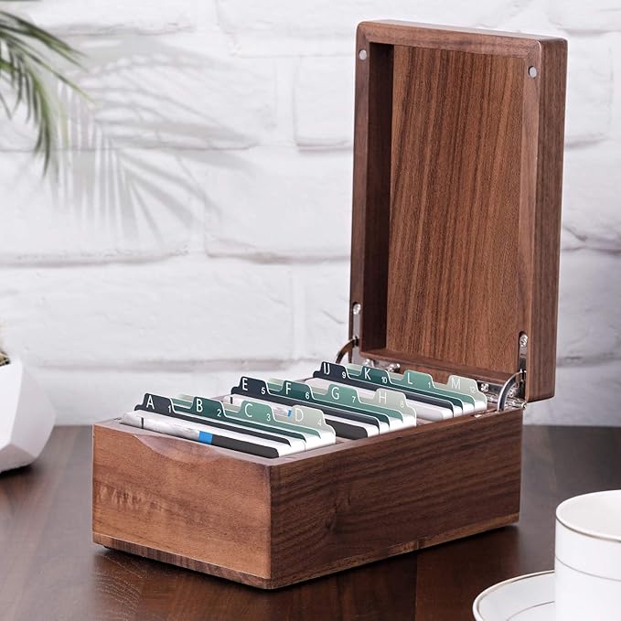 MaxGear Business Card Holder for Desk, 2.2" x 3.5" Walnut Wood Business Card Organizer, Index Cards Box Holds 300 Cards, 3 Divider Boards, Includes A-Z Tabs, Desktop Organizers for Office & Home