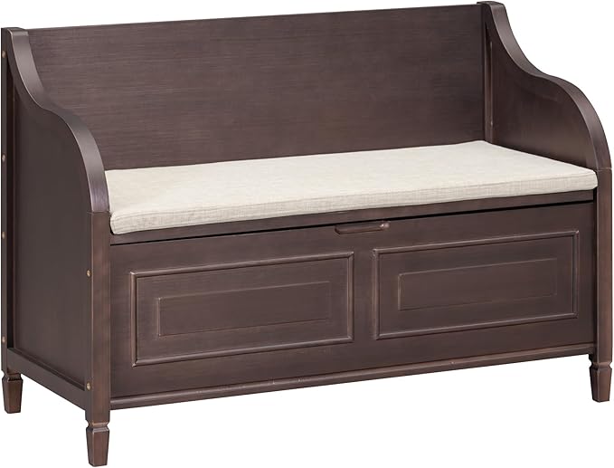 SOFTSEA 41.9" Storage Bench with Back, Entryway Shoe Bench with Cushion & Lift Top Storage, Rustic Shoe Storage Cabinet with Cushioned Seat for Entryway, Bedroom, Living Room (Espresso)