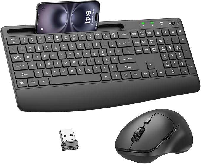 Ergonomic Wireless Keyboard and Mouse Combo, Full-Size Silent Keyboard with Wrist Rest & Phone Holder, 3 DPI Adjustable Mouse, 2.4G Lag-Free Cordless, Long Battery Life for PC Laptop Mac Windows