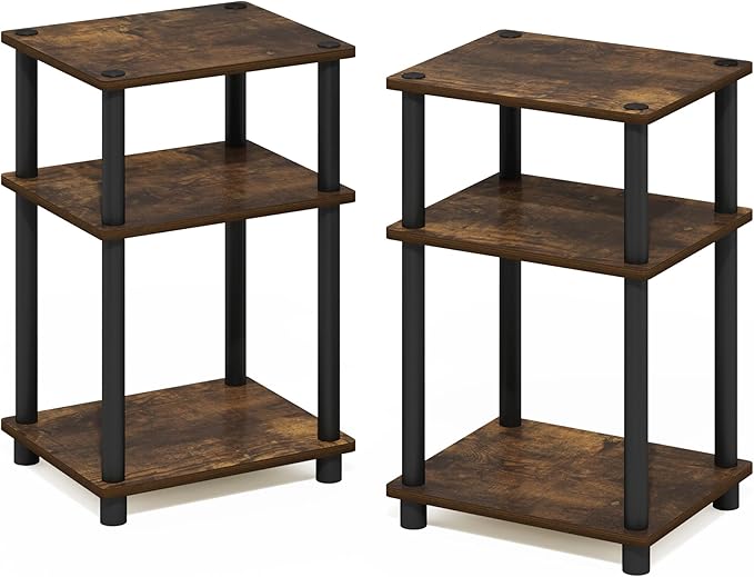 Furinno JUST Side Table Set of 2, 3-Tier Modern End Tables, Open Shelves Night Stand, Nightstand Set, Toolless Assembly, for Living Room, Bedroom, Amber Pine