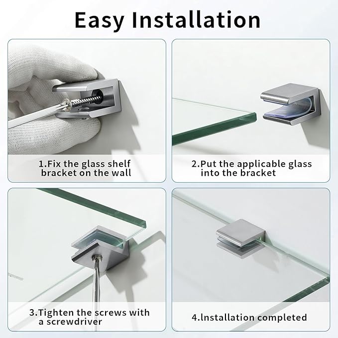 Alise Glass Shelf Brackets 4Pcs, Adjustable Shower Glass Clamps, Heavy Duty Clamp Holder, SUS304 Stainless Steel Brackets for 8-12mm Shower Shelf Bracket and Wall-to-Panel Connection, Brushed Nickel
